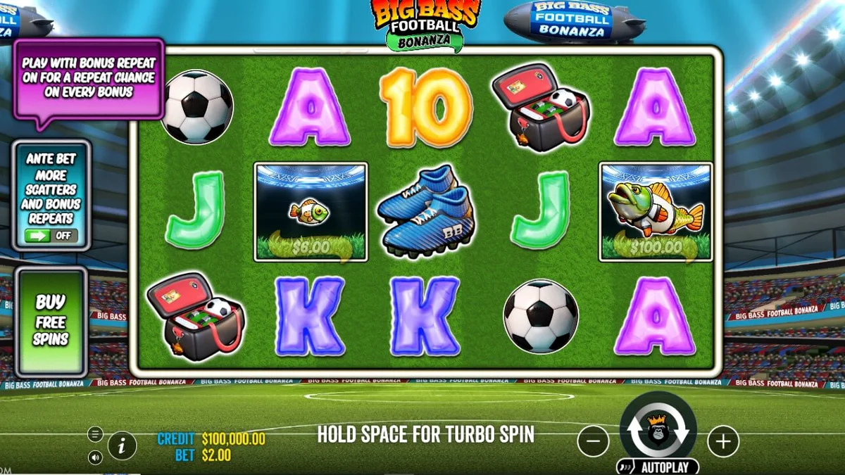 Tampilan visual slot Big Bass Football Bonanza dengan tema stadion sepak bola