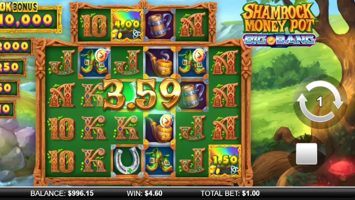 Tampilan visual slot Shamrock Money Pot Big Bang dengan tema Irlandia dan luar angkasa